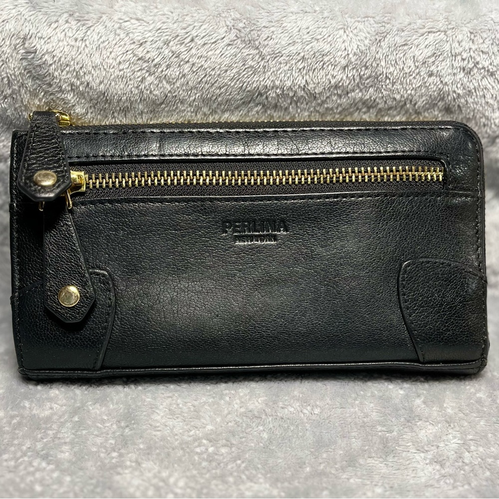 Perlina Black Leather Wallet • Classic Sleek Organizer, Purple Design Inside